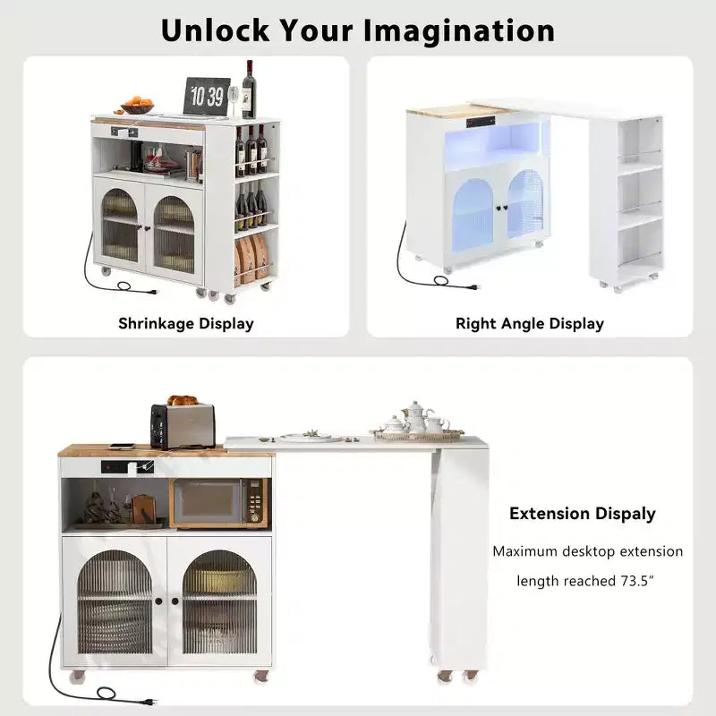 Rolling Kitchen Island With Extended Table, Kitchen Island on Wheels with LED Lights, Power Outlets, 2 Fluted Glass Doorsand Storage Shelves