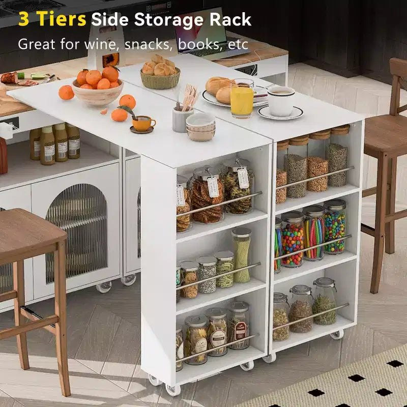 Rolling Kitchen Island With Extended Table, Kitchen Island on Wheels with LED Lights, Power Outlets, 2 Fluted Glass Doorsand Storage Shelves