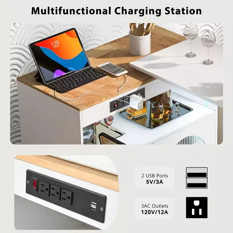 Rolling Kitchen Island With Extended Table, Kitchen Island on Wheels with LED Lights, Power Outlets, 2 Fluted Glass Doorsand Storage Shelves