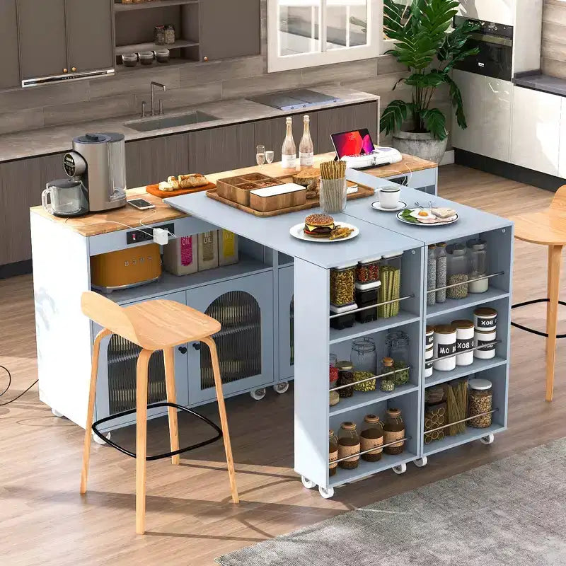 Rolling Kitchen Island With Extended Table, Kitchen Island on Wheels with LED Lights, Power Outlets, 2 Fluted Glass Doorsand Storage Shelves