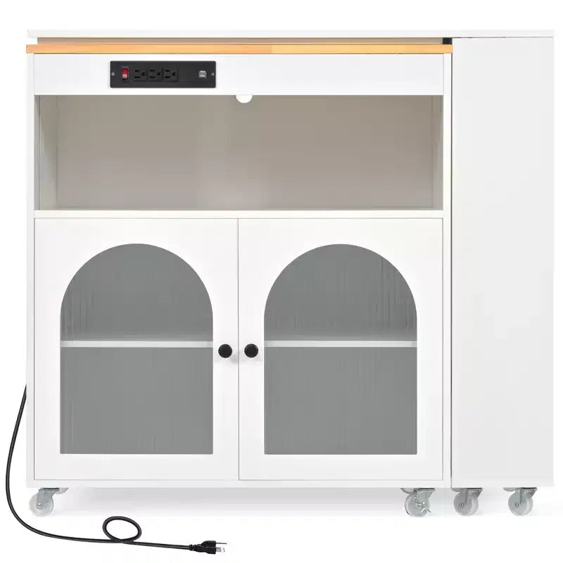 Rolling Kitchen Island With Extended Table, Kitchen Island on Wheels with LED Lights, Power Outlets, 2 Fluted Glass Doorsand Storage Shelves