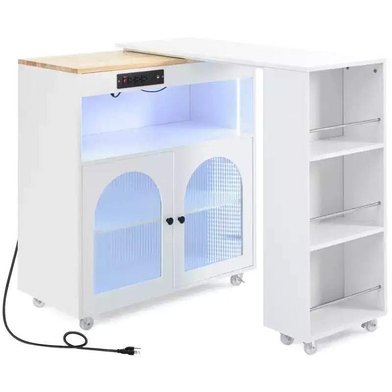 Rolling Kitchen Island With Extended Table, Kitchen Island on Wheels with LED Lights, Power Outlets, 2 Fluted Glass Doorsand Storage Shelves