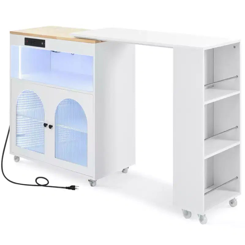Rolling Kitchen Island With Extended Table, Kitchen Island on Wheels with LED Lights, Power Outlets, 2 Fluted Glass Doorsand Storage Shelves
