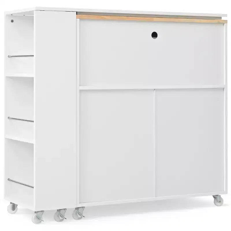 Rolling Kitchen Island With Extended Table, Kitchen Island on Wheels with LED Lights, Power Outlets, 2 Fluted Glass Doorsand Storage Shelves