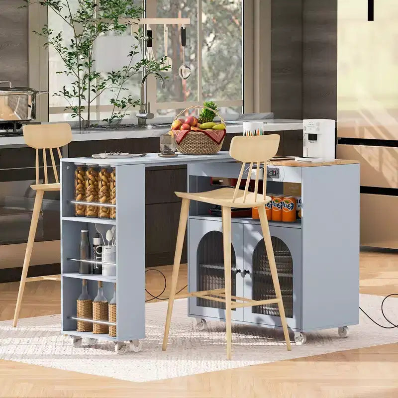 Rolling Kitchen Island With Extended Table, Kitchen Island on Wheels with LED Lights, Power Outlets, 2 Fluted Glass Doorsand Storage Shelves