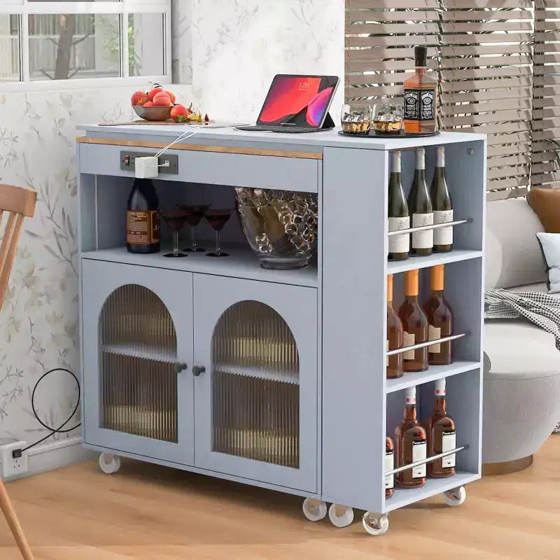 Rolling Kitchen Island With Extended Table, Kitchen Island on Wheels with LED Lights, Power Outlets, 2 Fluted Glass Doorsand Storage Shelves