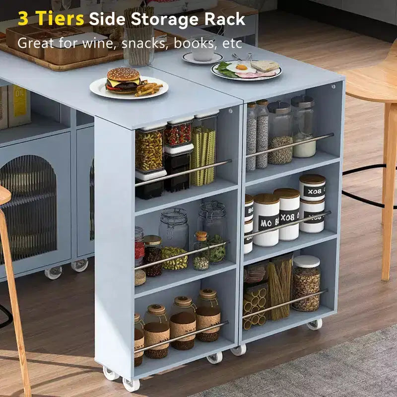 Rolling Kitchen Island With Extended Table, Kitchen Island on Wheels with LED Lights, Power Outlets, 2 Fluted Glass Doorsand Storage Shelves