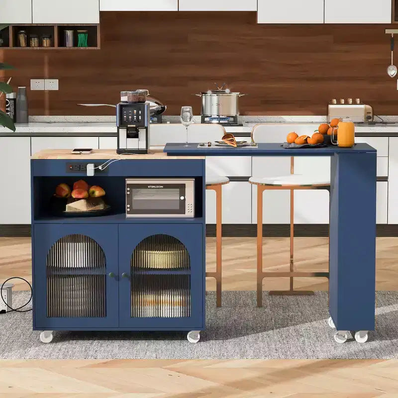 Rolling Kitchen Island With Extended Table, Kitchen Island on Wheels with LED Lights, Power Outlets, 2 Fluted Glass Doorsand Storage Shelves