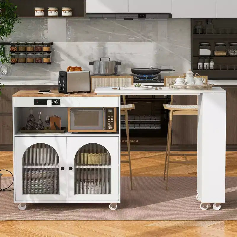 Rolling Kitchen Island With Extended Table, Kitchen Island on Wheels with LED Lights, Power Outlets, 2 Fluted Glass Doorsand Storage Shelves
