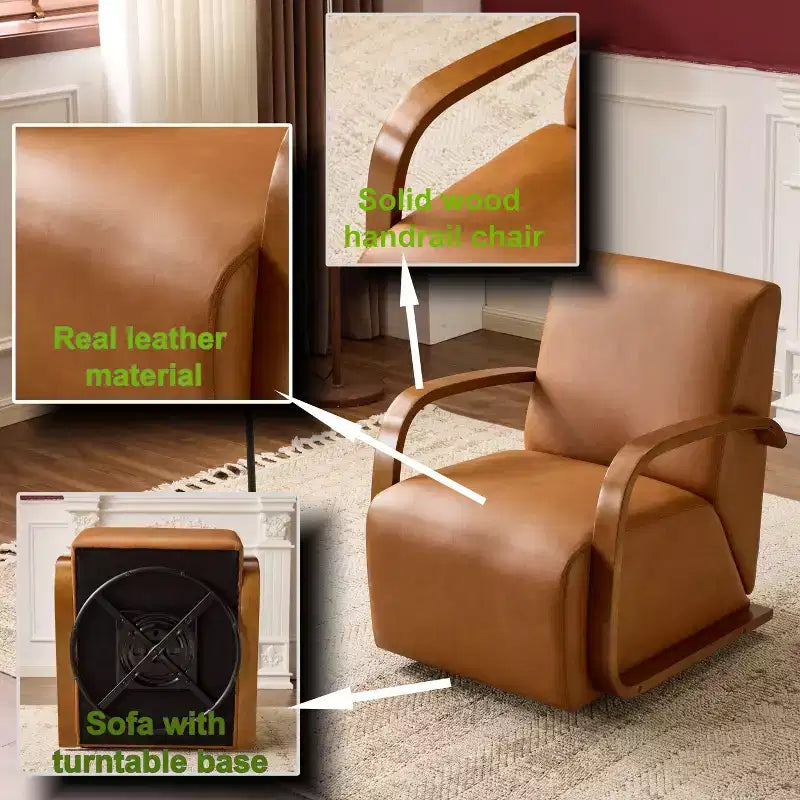 Swivel Accent Chair, Leisure Chair with Faux Leather Upholstery, Solid Wood Armrests, Ergonomic Single Swivel Sofa Chair for Living Room