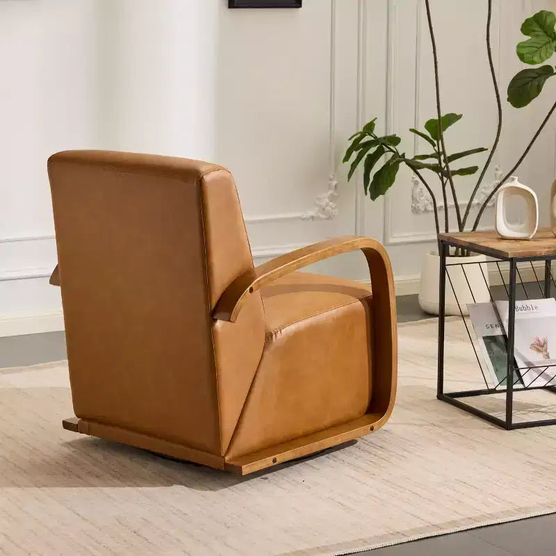 Swivel Accent Chair, Leisure Chair with Faux Leather Upholstery, Solid Wood Armrests, Ergonomic Single Swivel Sofa Chair for Living Room