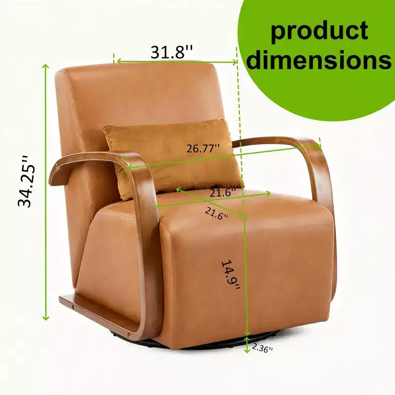 Swivel Accent Chair, Leisure Chair with Faux Leather Upholstery, Solid Wood Armrests, Ergonomic Single Swivel Sofa Chair for Living Room