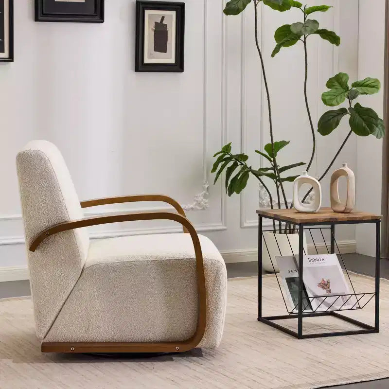 Swivel Accent Chair, Leisure Chair with Faux Leather Upholstery, Solid Wood Armrests, Ergonomic Single Swivel Sofa Chair for Living Room