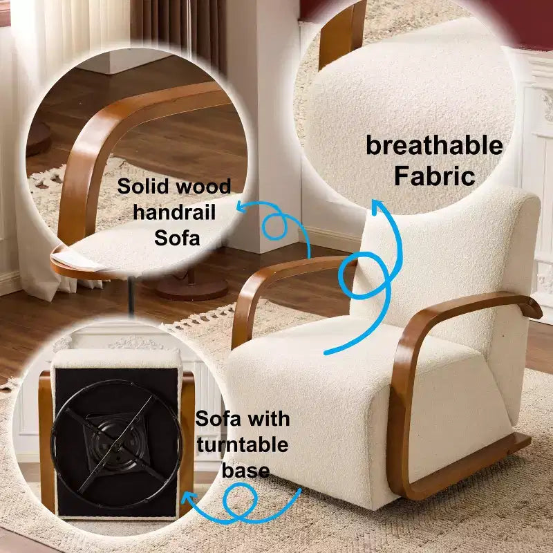 Swivel Accent Chair, Leisure Chair with Faux Leather Upholstery, Solid Wood Armrests, Ergonomic Single Swivel Sofa Chair for Living Room